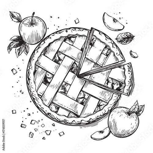 Top-down sketch of a lattice pie with apples and leaves.
