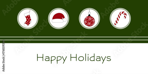 Happy Holidays - Schriftzug in englischer Sprache - Schöne Feiertage. Grußkarte mit Weihnachtsstrumpf, Weihnachtsmütze, Christbaumkugel und Zuckerstange.