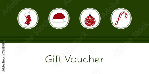 Gift Voucher - Schriftzug in englischer Sprache - Geschenkgutschein . Gutscheinkarte mit Weihnachtsstrumpf, Weihnachtsmütze, Christbaumkugel und Zuckerstange.