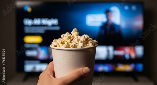 Fresh popcorn in paper cup with blurred movie screen background