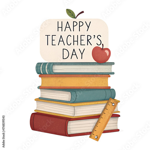 Stack of Books with Red Apple and Ruler, “Happy Teacher’s Day” Text, 2D Illustration Isolated on White,Teacher’s Day Greeting Illustration with Books, Apple, and Ruler on White Background
