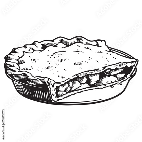 A black and white sketch of a whole pie with a slice missing.