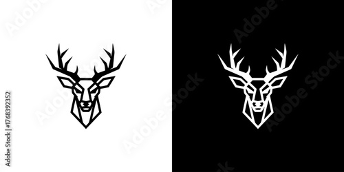 Black and white deer head logos on split black
