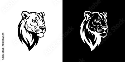 Black and white lioness head illustrations on