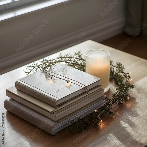 Peaceful Christmas Reading Corner with Candle, Books, and Greenery Lights