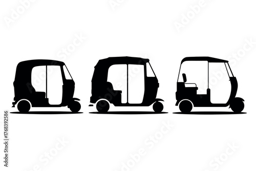 Three silhouettes of auto rickshaws in a row on a white background.