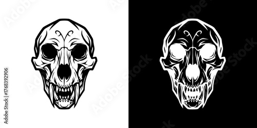 Two white line art skulls on white and black