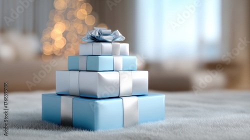 Stack of three blue gift boxes with silver ribbons tied around them. the boxes are arranged in a pyramid-like shape, with the top box slightly higher than the bottom one.