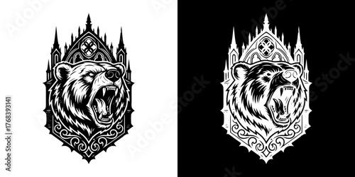 Black and white illustrations of bear heads with