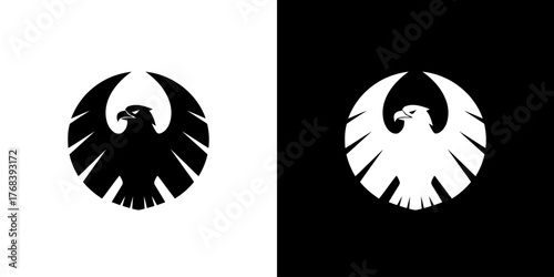 Black and white eagle logo on divided background
