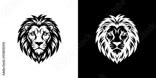 Black and white lion head illustrations on