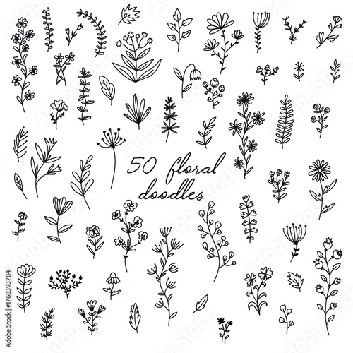 50 floral doodles line icons vector set. Vector illustration