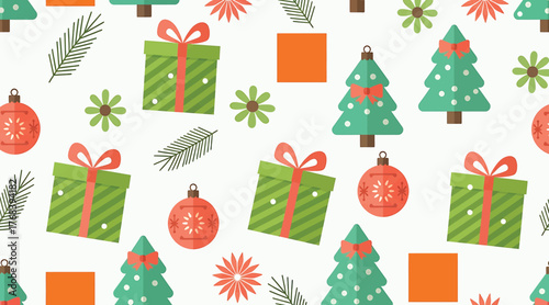 Festive seamless pattern featuring christmas trees, gift boxes, ornaments, and floral elements in a cheerful holiday design for wrapping paper and decor