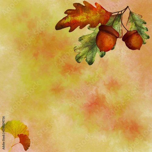 Autumnal theme with oak leaves and acorns and warm color abstract watercolor background.