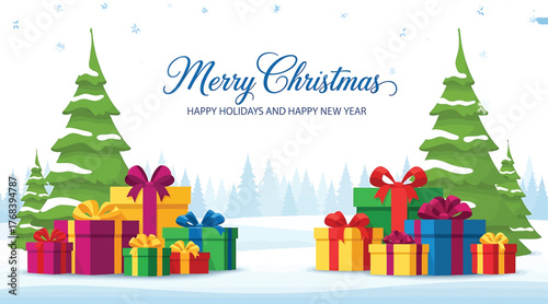 Charming christmas scene featuring beautifully wrapped gifts and evergreen trees, conveying the message merry christmas, happy holidays, and happy new year