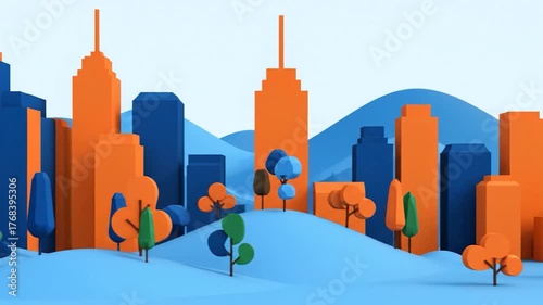 A vibrant, minimalist, stylized cityscape with geometric buildings, trees, and hills