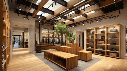 Modern store interior featuring wooden furniture plants and organized display areas for clothing.