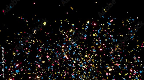 Colorful fireworks of colored confetti explodes on a  black background, animation of the explosion and fall of confetti in 4K format, 3D animation frames, confetti bomb effect from the inside