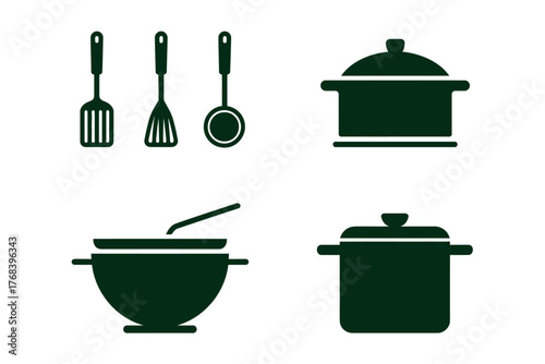 A collection of kitchen utensils and cookware is displayed against a white background.