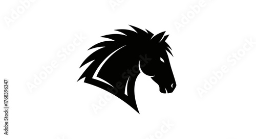 A striking black silhouette of a horse's head with a spiky mane against a white background.