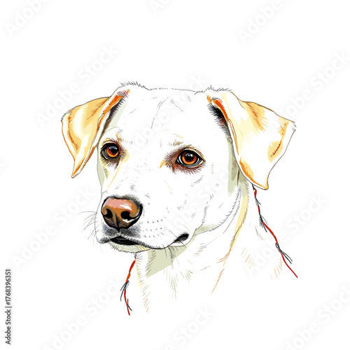 Friendly yellow and white short-haired dog sitting with a happy mood looking at camera on white background