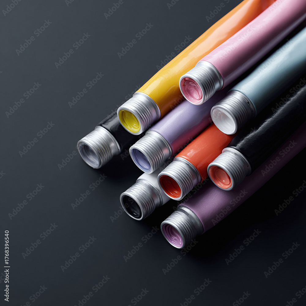 Fototapeta premium Vibrant, artistic composition featuring colorful paint tubes arranged diagonally on a dark surface. Perfect for creative concepts, design, art supplies, and colorful backgrounds.