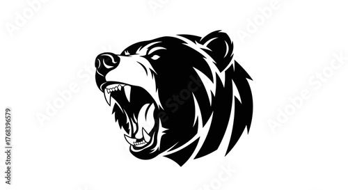 A fierce black bear with its mouth open and teeth bared, depicted in a stylized black and white illustration.