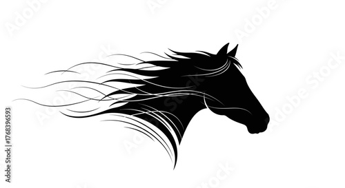 Silhouette of a black horse head with its mane flowing dramatically in the wind, creating an artistic and dynamic effect.