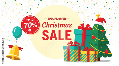 Christmas sale special offer with up to 70 off, featuring a christmas tree, gift boxes, a balloon, and a bell, creating a festive and promotional atmosphere