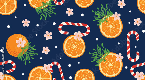 Festive christmas seamless pattern with oranges, candy canes, flowers and fir branches on a dark blue background, perfect for adding a touch of holiday cheer to your designs