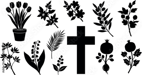Set of Vector Icons Including a Christian Cross, Tulip Pot, Palm Leaf, Lily of the Valley, Pomegranate, and Berry Branches.
