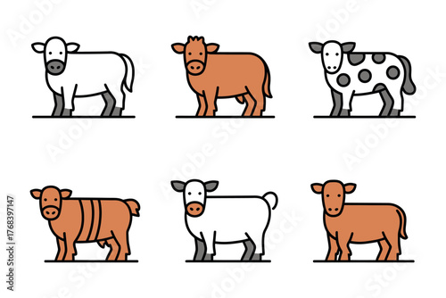 A collection of stylized illustrations of different cows and calves depicted in a flat design.
