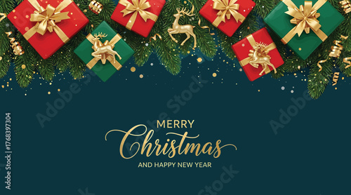 Festive christmas and new year background with gift boxes, fir branches, confetti and golden decorations on a dark blue background, perfect for adding holiday cheer