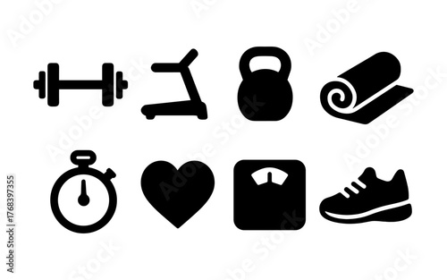 Set of black fitness and exercise icons including dumbbell, treadmill, kettlebell, yoga mat, stopwatch, heart, scale, and running shoe. Flat silhouette style