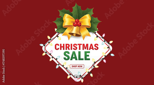 Festive christmas sale banner with holly berries, golden bells, and twinkling lights on a red background, perfect for holiday promotions and shopping events