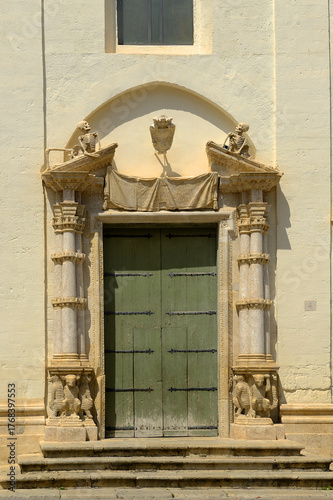 Entrance portal to the church Chiesa del Purgatorio (Santa Maria del Suffragio) of Gravina in Puglia. This historic town is located in southern Italian region Apulia, province Bari