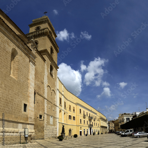 Glimpse of historic center of Gravina in Puglia, Apulia region in southern Italy: view of bell tower of cathedral.