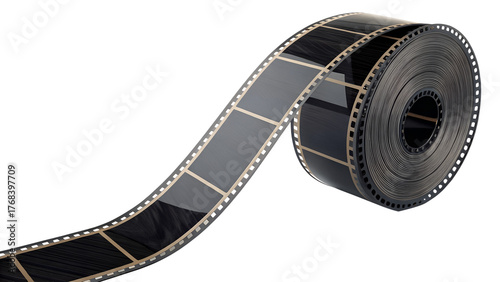 Rolled film strip, glossy black surface and visible frames, isolated object render.