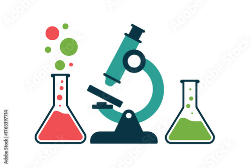 Microscope and laboratory flasks illustrate scientific research and experimentation