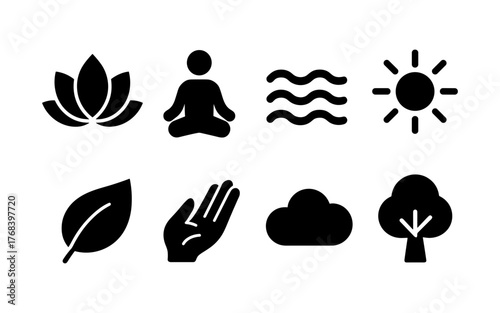 Set of black wellness and nature icons including lotus, meditation, waves, sun, leaf, hand, cloud, and tree. Flat silhouette vector style
