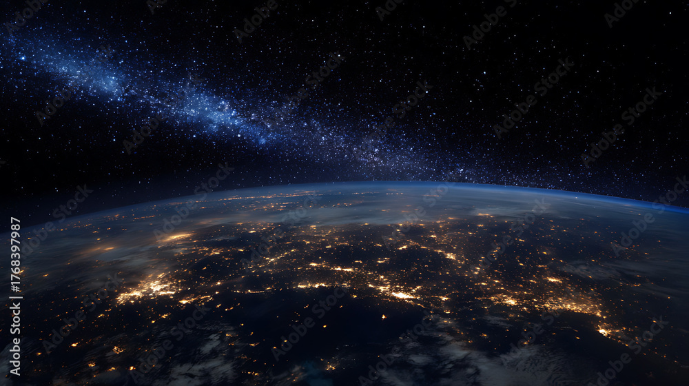 Fototapeta premium Starfield Accent Nightscape: Ideal for High-Resolution Display Backgrounds and Educational Presentations, Highlighting Luminous Urban Centers and Stellar Visuals