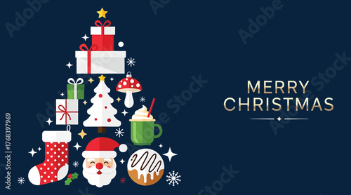 A festive christmas tree made of gifts, santa, and sweets, with a merry christmas message on a dark blue background, creating a joyful holiday illustration