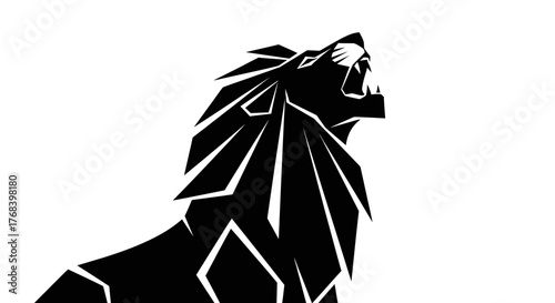 A striking black and white illustration of a lion roaring with its mouth open and mane flowing.