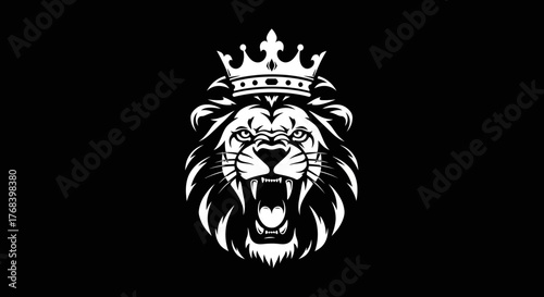 A fierce lion with a crown on its head, depicted in a striking black and white graphic style against a black background.