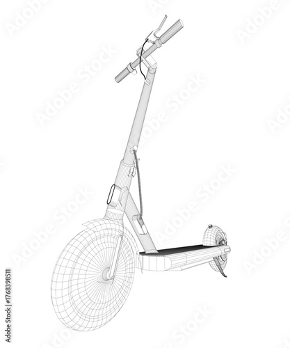 Electric scooter wireframe model on white background displays detailed chassis structure, wheel assembly, and handlebar design. The 3D visualization highlights modern urban transportation concept.