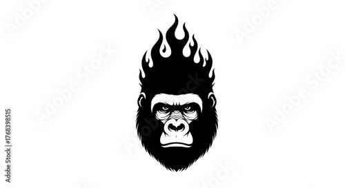 A fierce gorilla's head with flames erupting from its hair, rendered in a striking black and white graphic style.