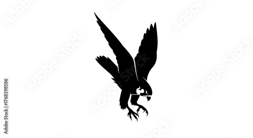 A black silhouette of a falcon in mid-flight with its wings spread wide and talons extended.