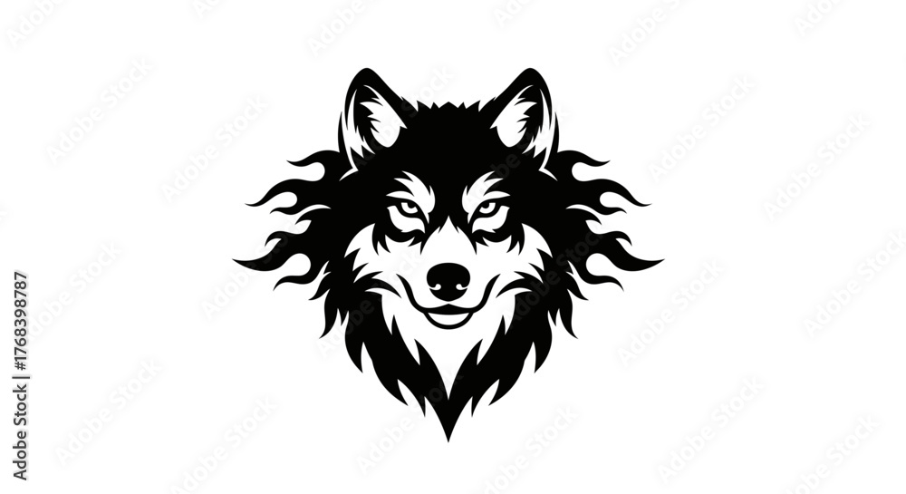 Obraz premium A striking black and white illustration of a wolf's head with fiery mane and intense eyes.