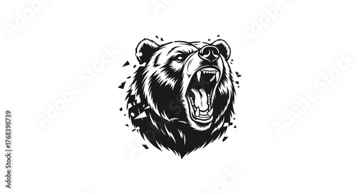 A fierce, roaring grizzly bear head illustration with sharp teeth and a distressed, fragmented background.
