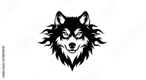 A striking black and white illustration of a wolf's head with fiery mane and intense eyes.